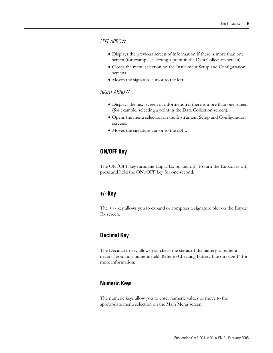 On/off key, Decimal key, Numeric keys | On/off key +/- key decimal key numeric keys | Rockwell Automation 441-PEN25 Enpac Ex Data Collector User Manual | Page 15 / 147