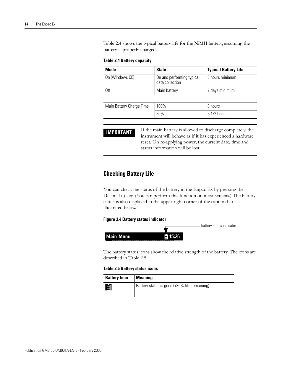 Checking battery life | Rockwell Automation 441-PEN25 Enpac Ex Data Collector User Manual | Page 20 / 147