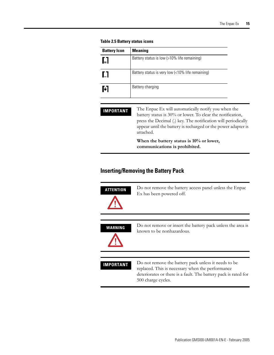 Inserting/removing the battery pack | Rockwell Automation 441-PEN25 Enpac Ex Data Collector User Manual | Page 21 / 147