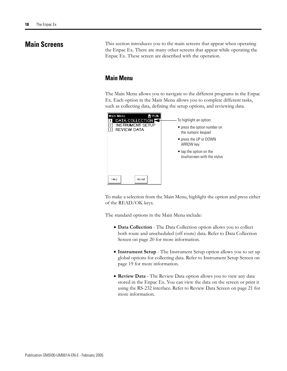 Main screens, Main menu | Rockwell Automation 441-PEN25 Enpac Ex Data Collector User Manual | Page 24 / 147