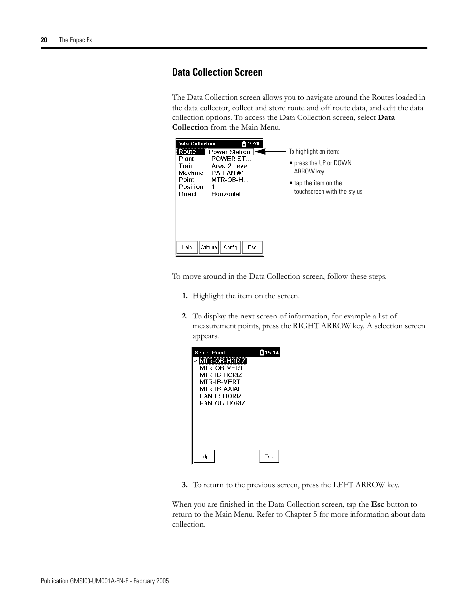 Data collection screen | Rockwell Automation 441-PEN25 Enpac Ex Data Collector User Manual | Page 26 / 147