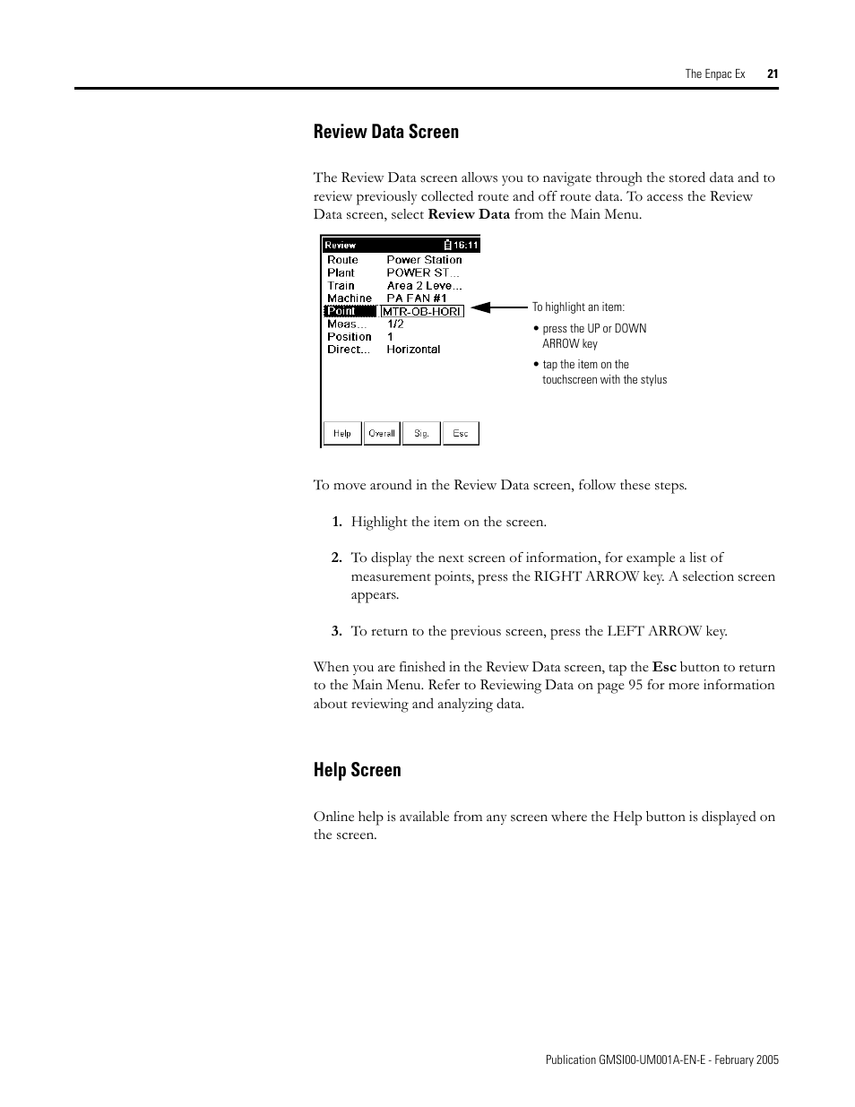 Review data screen, Help screen, Review data screen help screen | Rockwell Automation 441-PEN25 Enpac Ex Data Collector User Manual | Page 27 / 147