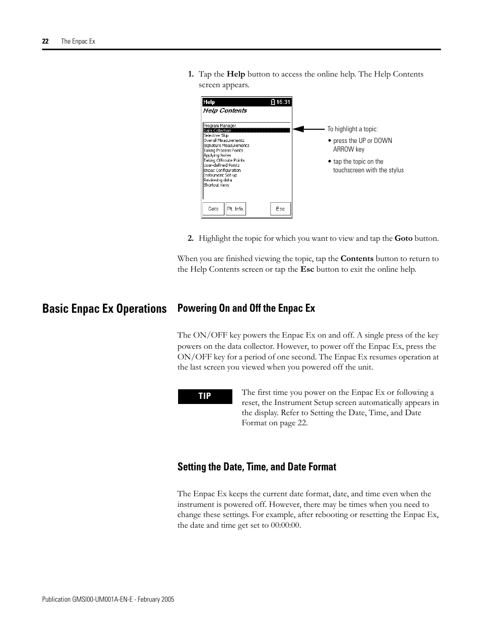 Basic enpac ex operations, Powering on and off the enpac ex, Setting the date, time, and date format | Rockwell Automation 441-PEN25 Enpac Ex Data Collector User Manual | Page 28 / 147