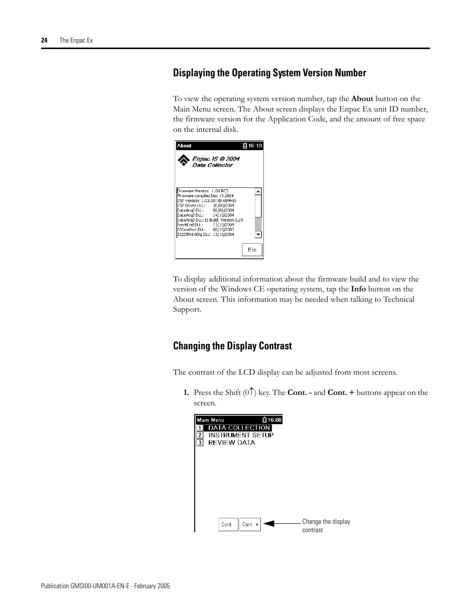 Displaying the operating system version number, Changing the display contrast | Rockwell Automation 441-PEN25 Enpac Ex Data Collector User Manual | Page 30 / 147