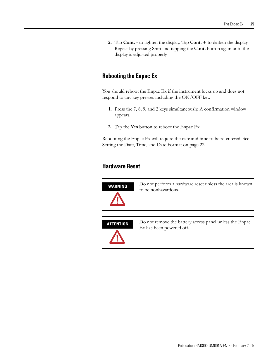 Rebooting the enpac ex, Hardware reset, Rebooting the enpac ex hardware reset | Rockwell Automation 441-PEN25 Enpac Ex Data Collector User Manual | Page 31 / 147