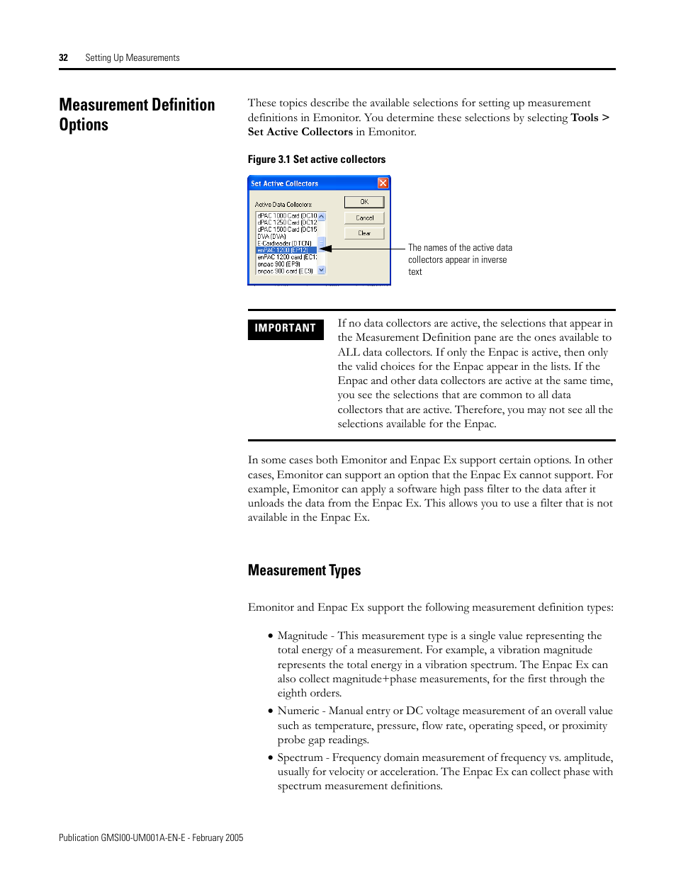 Measurement definition options, Measurement types | Rockwell Automation 441-PEN25 Enpac Ex Data Collector User Manual | Page 38 / 147