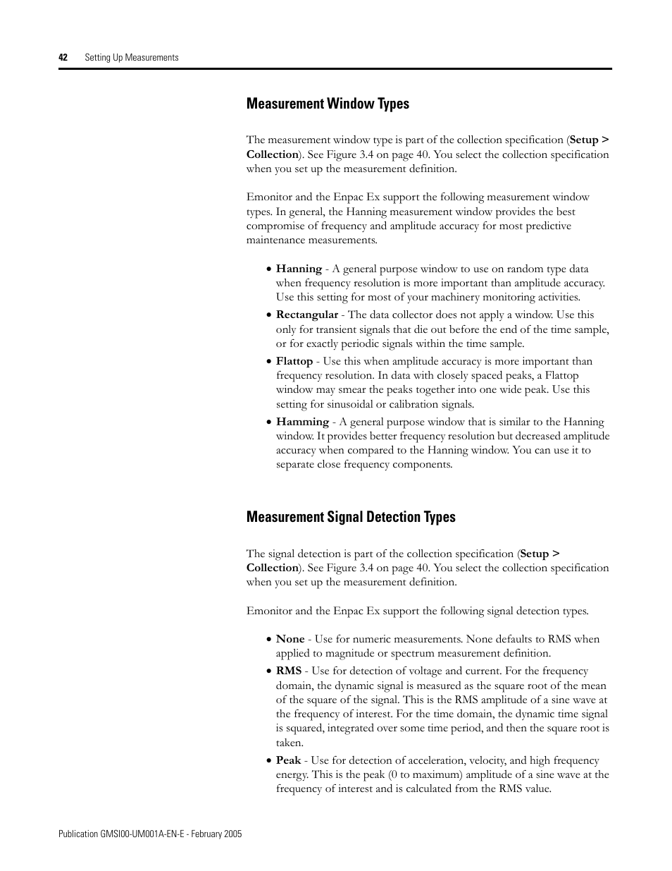 Measurement window types, Measurement signal detection types | Rockwell Automation 441-PEN25 Enpac Ex Data Collector User Manual | Page 48 / 147