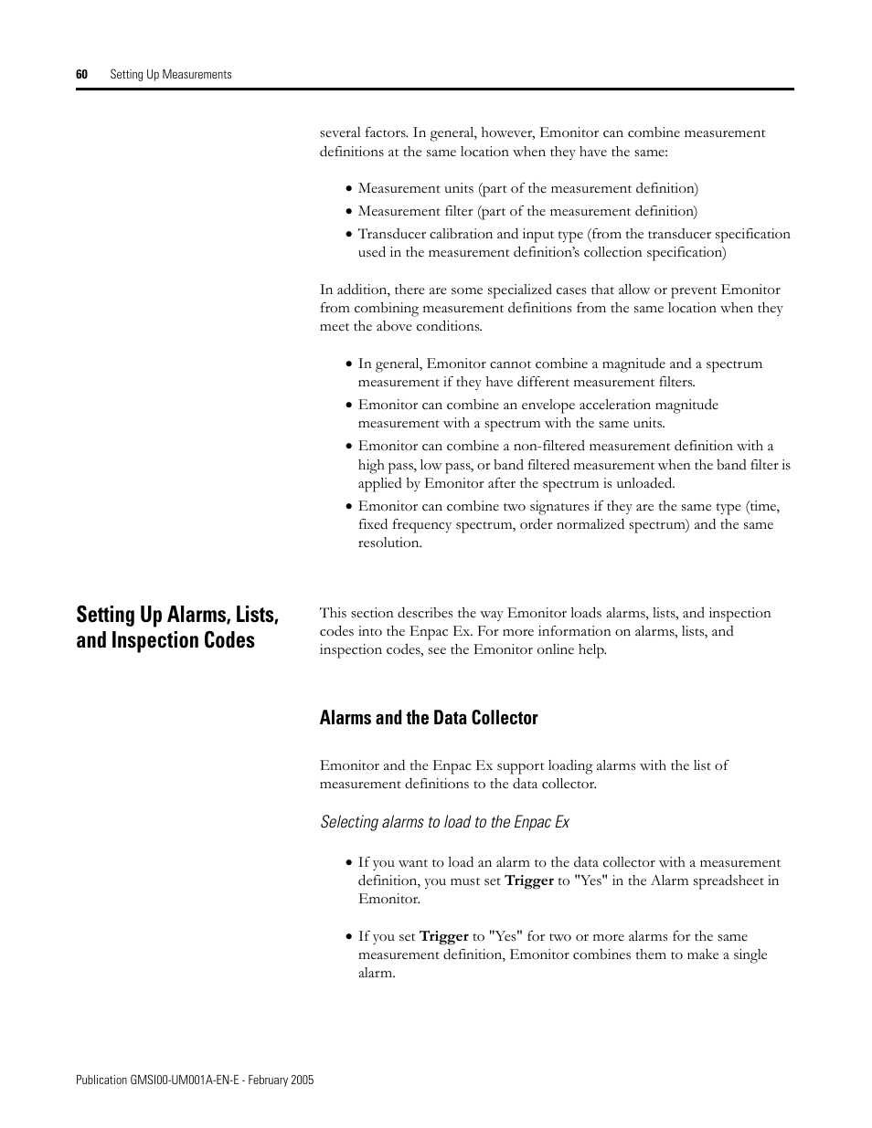 Setting up alarms, lists, and inspection codes, Alarms and the data collector | Rockwell Automation 441-PEN25 Enpac Ex Data Collector User Manual | Page 66 / 147