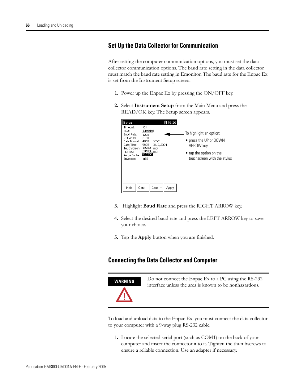 Set up the data collector for communication, Connecting the data collector and computer | Rockwell Automation 441-PEN25 Enpac Ex Data Collector User Manual | Page 72 / 147