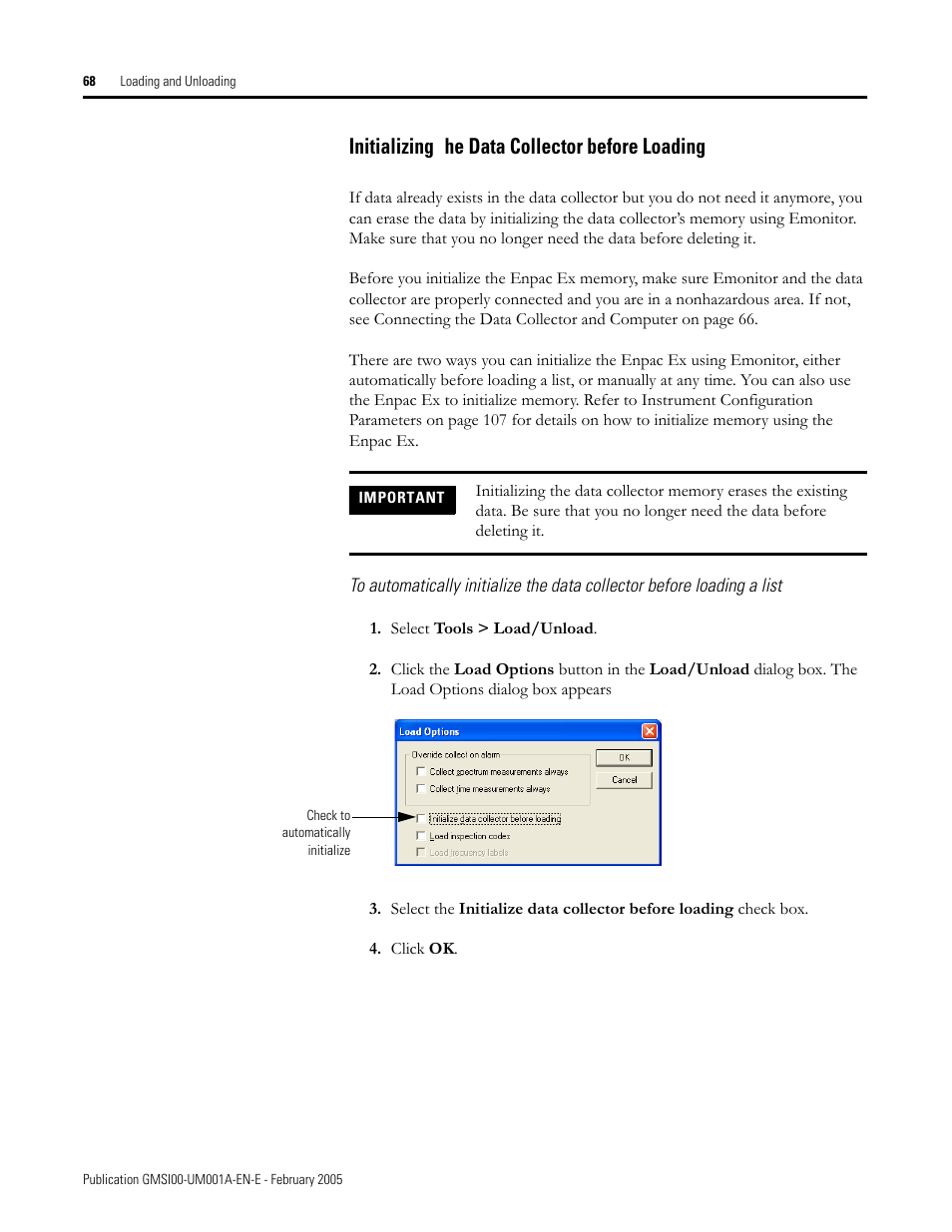 Initializing the data collector before loading, Initializing, He data collector before loading | Rockwell Automation 441-PEN25 Enpac Ex Data Collector User Manual | Page 74 / 147