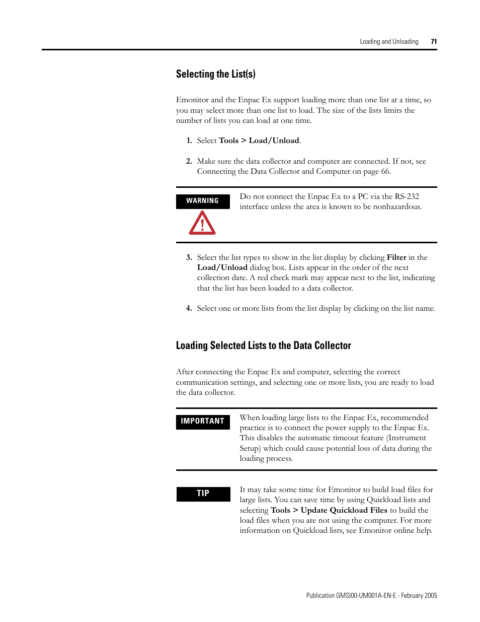Selecting the list(s), Loading selected lists to the data collector | Rockwell Automation 441-PEN25 Enpac Ex Data Collector User Manual | Page 77 / 147