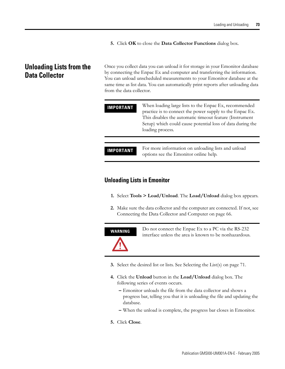 Unloading lists from the data collector, Unloading lists in emonitor | Rockwell Automation 441-PEN25 Enpac Ex Data Collector User Manual | Page 79 / 147