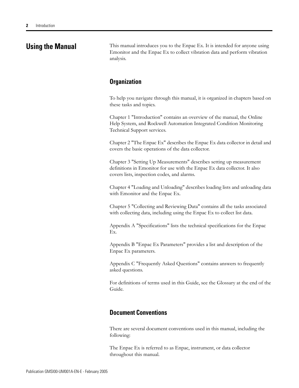 Using the manual, Organization, Document conventions | Organization document conventions | Rockwell Automation 441-PEN25 Enpac Ex Data Collector User Manual | Page 8 / 147