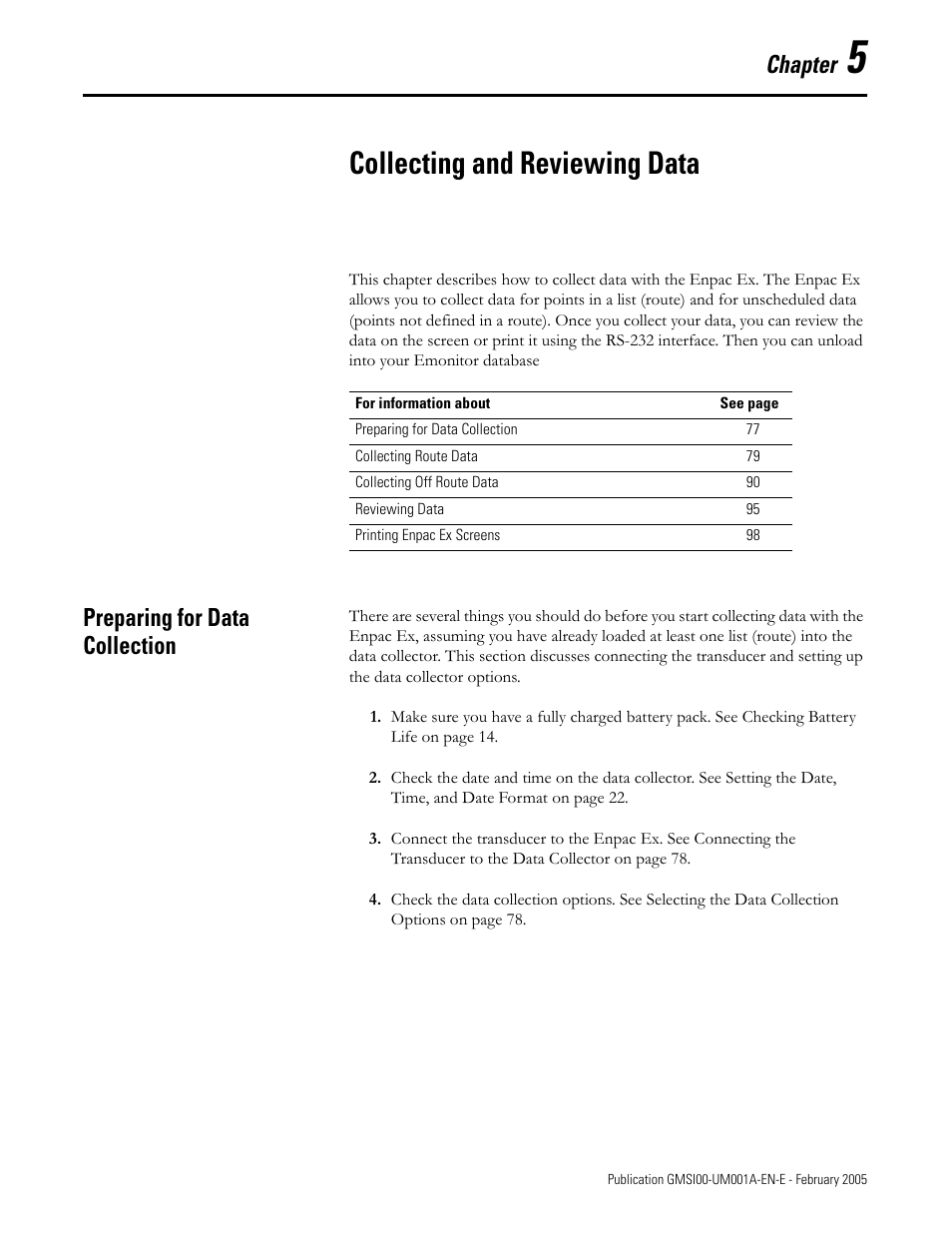 Collecting and reviewing data, Preparing for data collection, Chapter 5 | Chapter | Rockwell Automation 441-PEN25 Enpac Ex Data Collector User Manual | Page 83 / 147