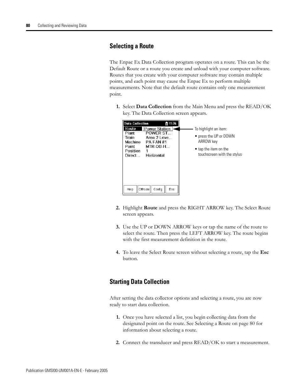 Selecting a route, Starting data collection, Selecting a route starting data collection | Rockwell Automation 441-PEN25 Enpac Ex Data Collector User Manual | Page 86 / 147
