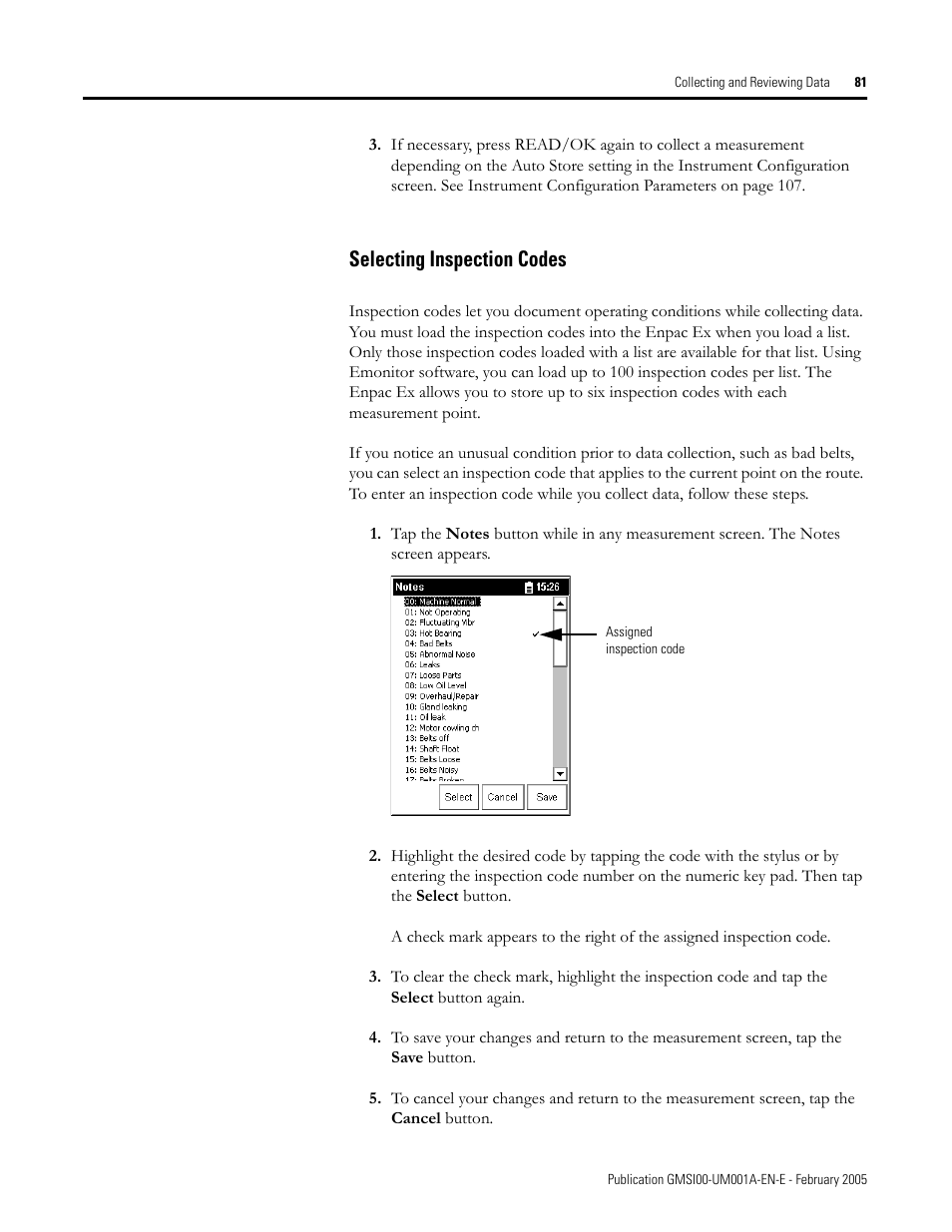 Selecting inspection codes | Rockwell Automation 441-PEN25 Enpac Ex Data Collector User Manual | Page 87 / 147