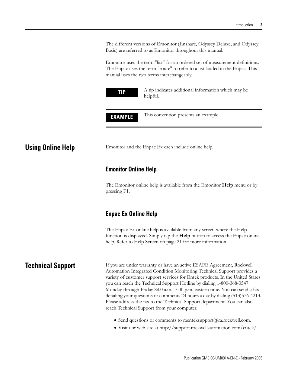 Using online help, Emonitor online help, Enpac ex online help | Technical support, Emonitor online help enpac ex online help | Rockwell Automation 441-PEN25 Enpac Ex Data Collector User Manual | Page 9 / 147