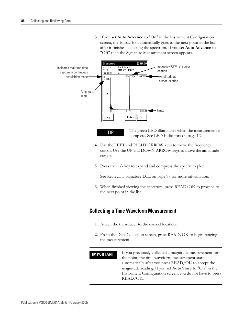 Collecting a time waveform measurement | Rockwell Automation 441-PEN25 Enpac Ex Data Collector User Manual | Page 92 / 147