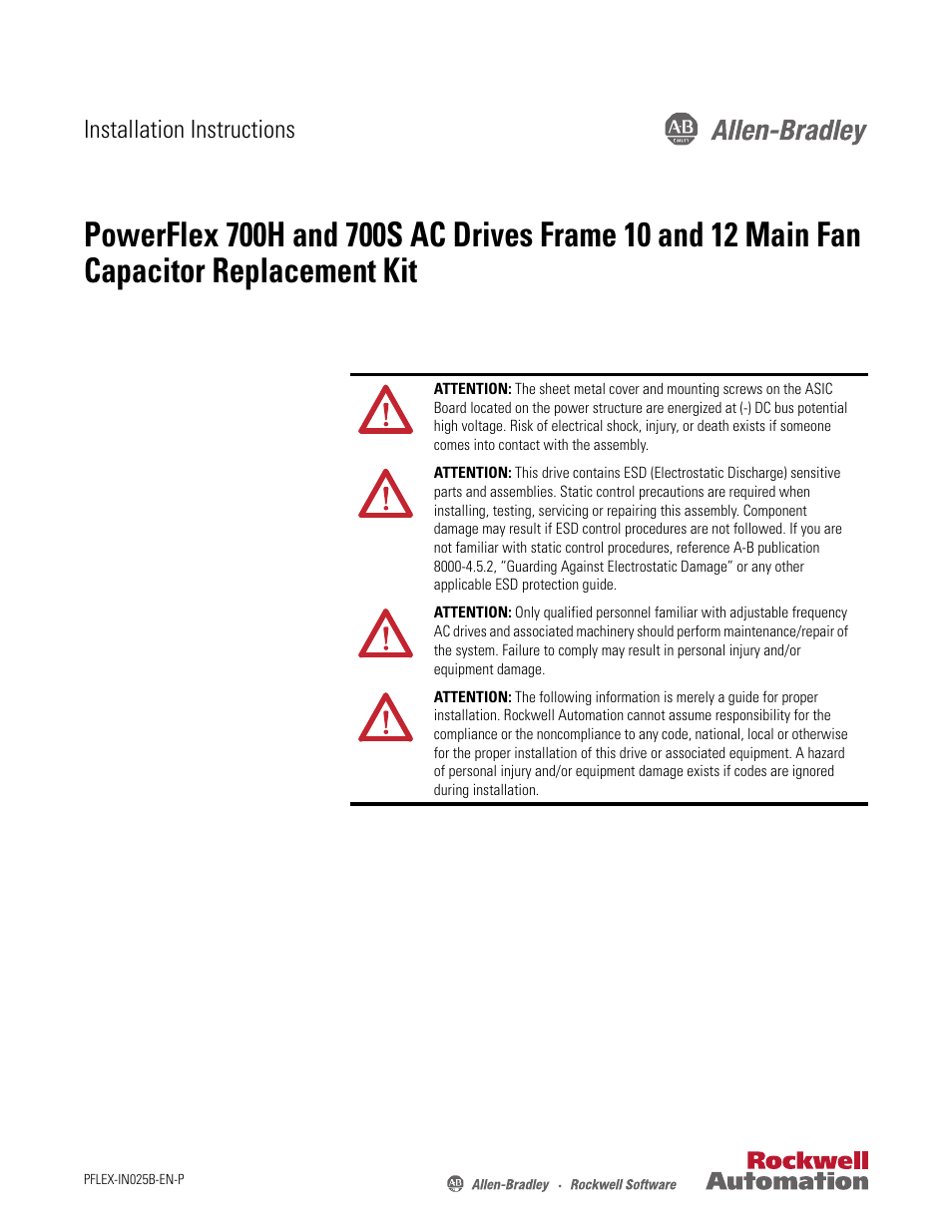 Rockwell Automation 20D PowerFlex 700H/700S AC Drives Frame 10 & 12 Main Fan Capacitor Replacement Kit User Manual | 12 pages