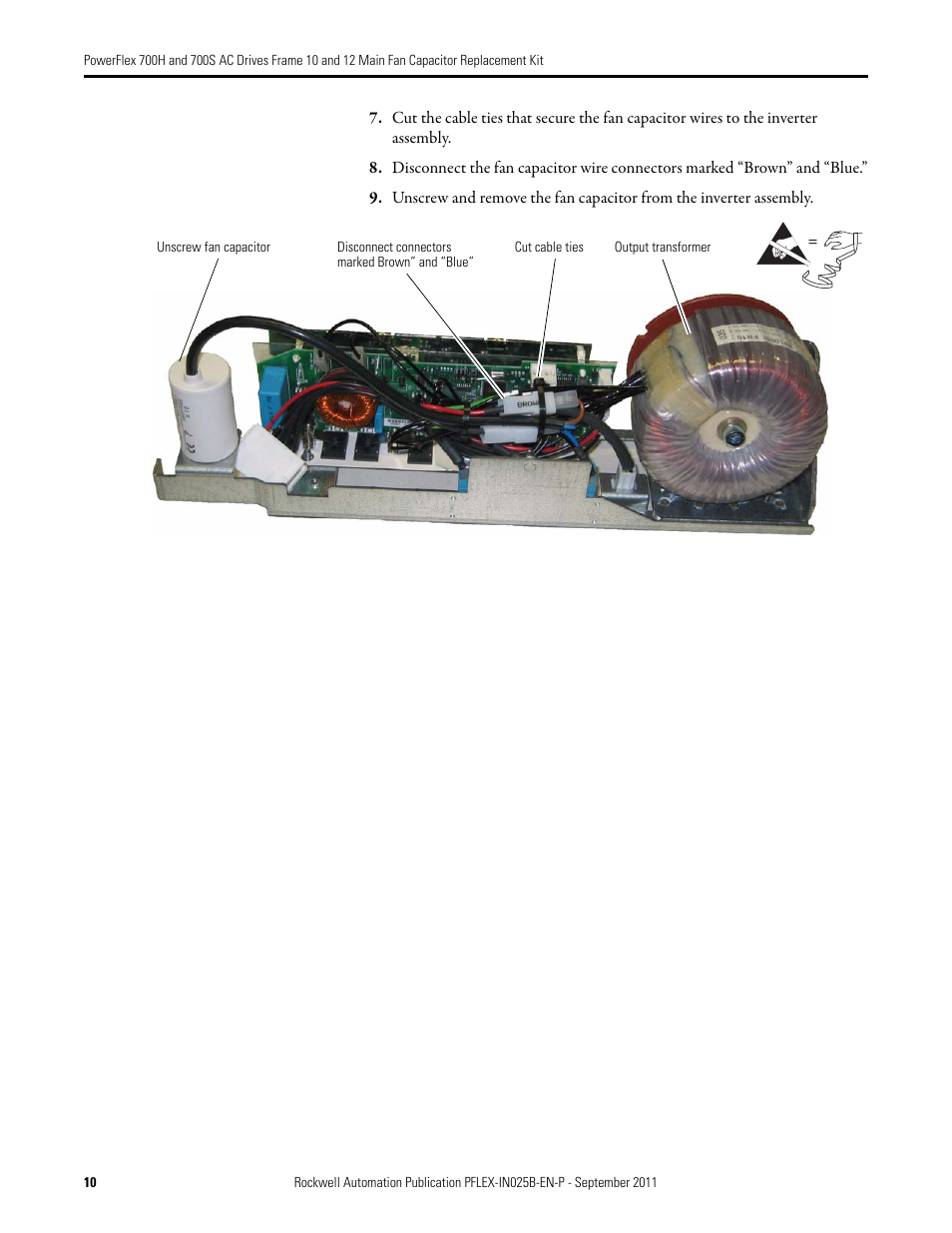 Rockwell Automation 20D PowerFlex 700H/700S AC Drives Frame 10 & 12 Main Fan Capacitor Replacement Kit User Manual | Page 10 / 12