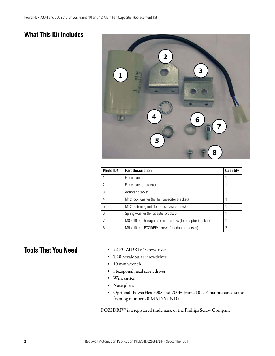 What this kit includes tools that you need | Rockwell Automation 20D PowerFlex 700H/700S AC Drives Frame 10 & 12 Main Fan Capacitor Replacement Kit User Manual | Page 2 / 12