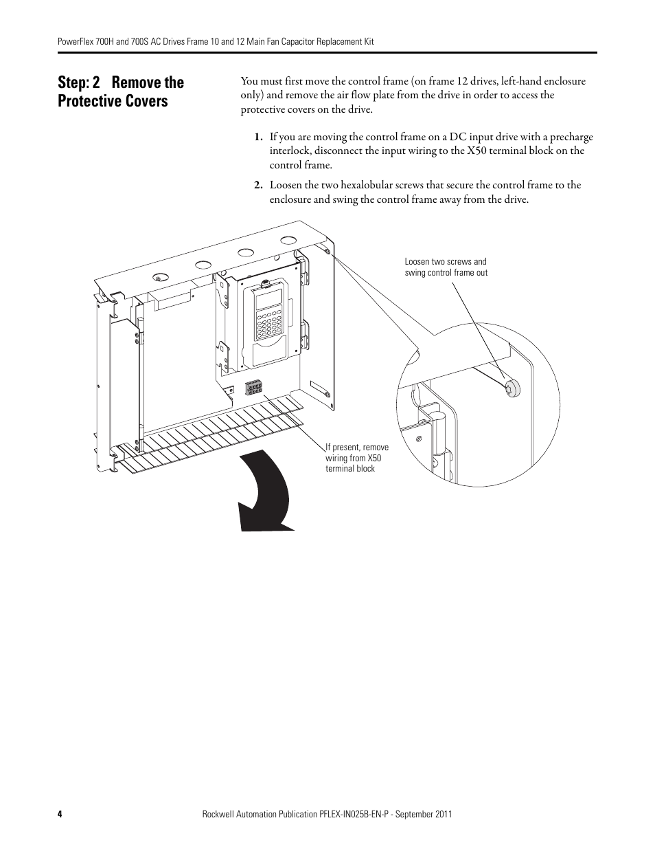 Step: 2 remove the protective covers | Rockwell Automation 20D PowerFlex 700H/700S AC Drives Frame 10 & 12 Main Fan Capacitor Replacement Kit User Manual | Page 4 / 12