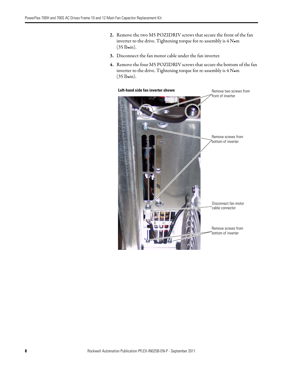 Rockwell Automation 20D PowerFlex 700H/700S AC Drives Frame 10 & 12 Main Fan Capacitor Replacement Kit User Manual | Page 8 / 12