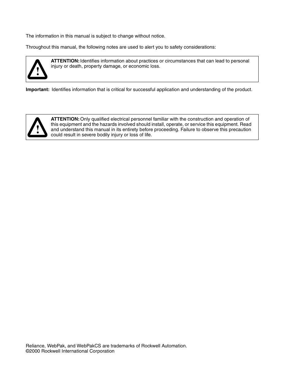 Important user information | Rockwell Automation WebPak 3000  DC Drive Application Workbook Version 1.1 User Manual | Page 2 / 108