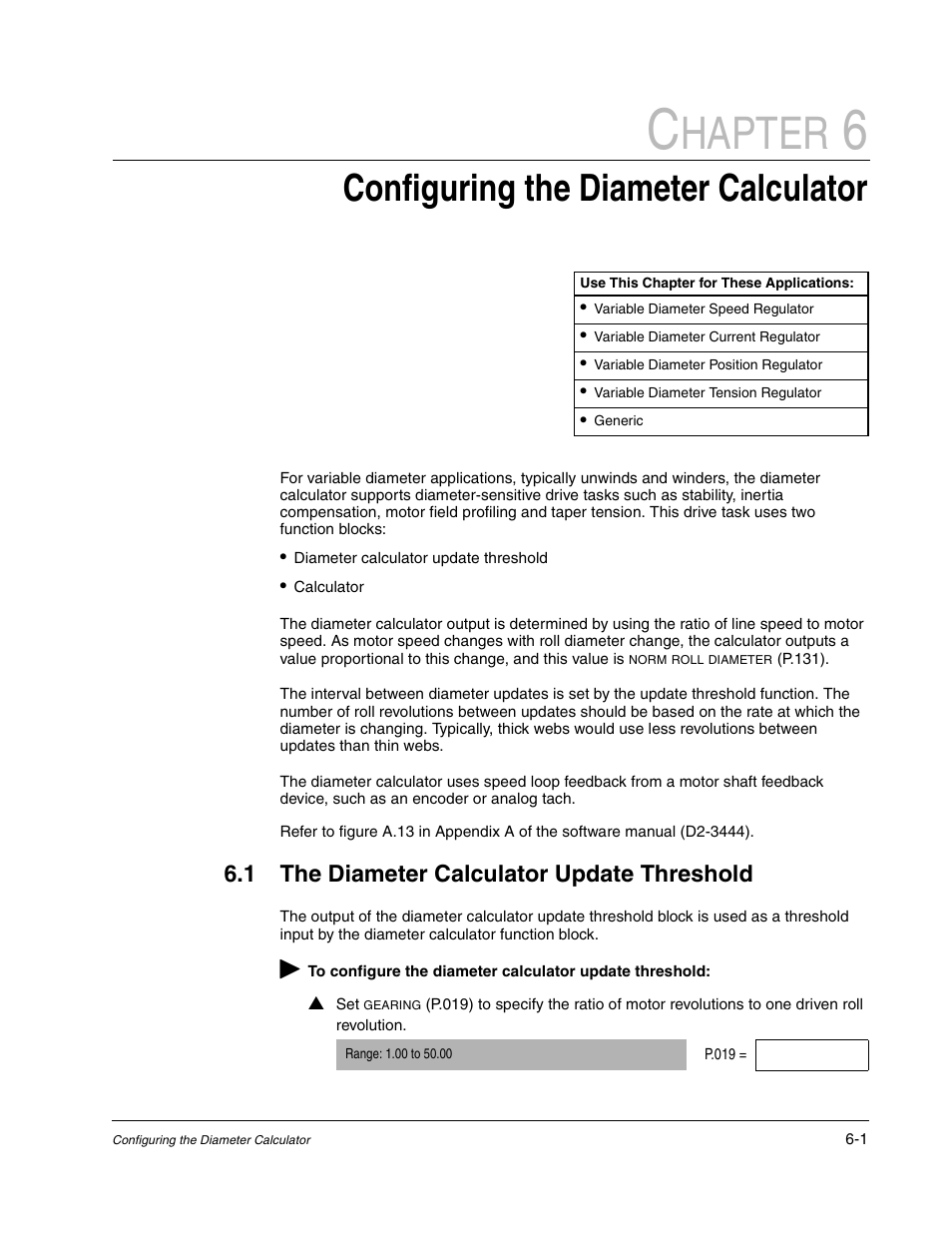 Configuring the diameter calculator, The diameter calculator update threshold, Hapter | 1 the diameter calculator update threshold | Rockwell Automation WebPak 3000  DC Drive Application Workbook Version 1.1 User Manual | Page 41 / 108