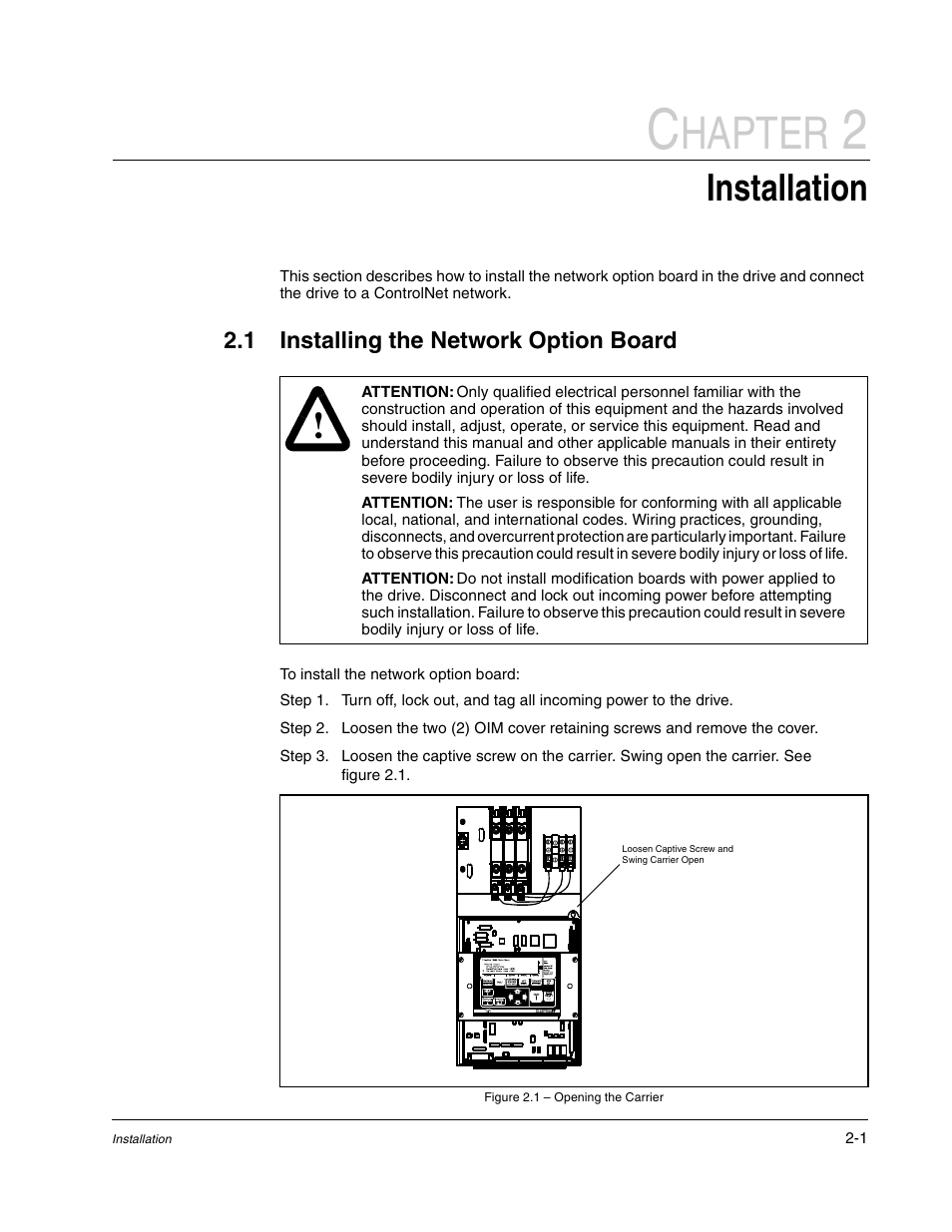 Hapter, Installation | Rockwell Automation Flex/WebPak 3000 DC Drive ControlNet, Network Communication Board, 915FK2101 User Manual | Page 13 / 100