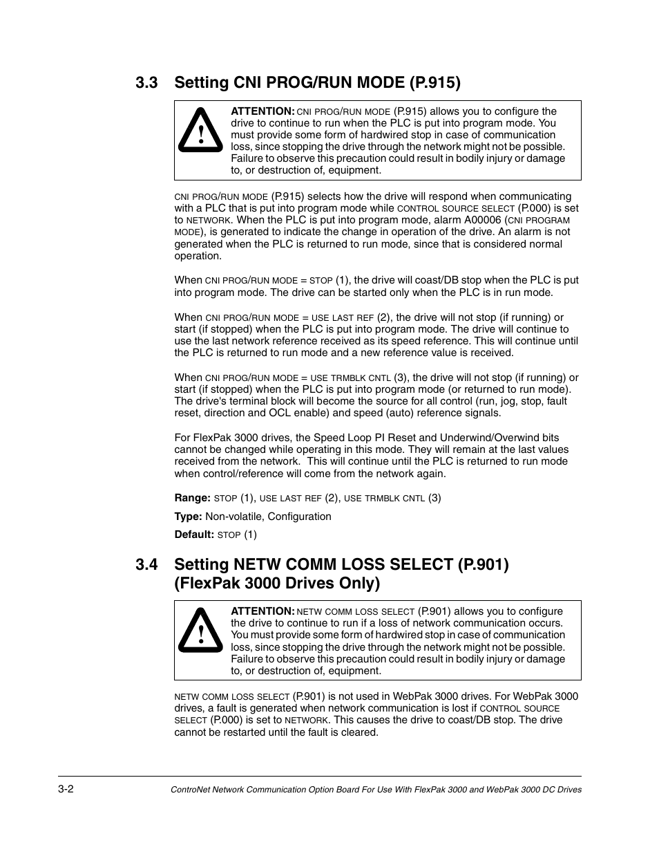 3 setting cni prog/run mode (p.915) | Rockwell Automation Flex/WebPak 3000 DC Drive ControlNet, Network Communication Board, 915FK2101 User Manual | Page 18 / 100