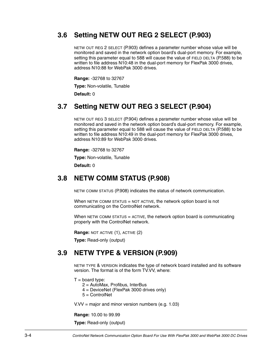 8 netw comm status (p.908), 9 netw type & version (p.909) | Rockwell Automation Flex/WebPak 3000 DC Drive ControlNet, Network Communication Board, 915FK2101 User Manual | Page 20 / 100