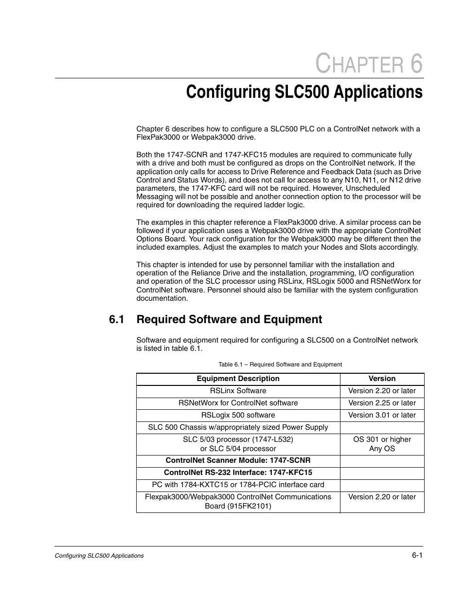 Hapter, Configuring slc500 applications, 1 required software and equipment | Rockwell Automation Flex/WebPak 3000 DC Drive ControlNet, Network Communication Board, 915FK2101 User Manual | Page 45 / 100