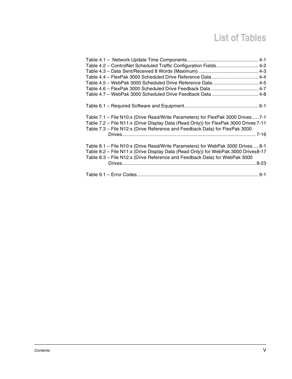 List of tables | Rockwell Automation Flex/WebPak 3000 DC Drive ControlNet, Network Communication Board, 915FK2101 User Manual | Page 7 / 100