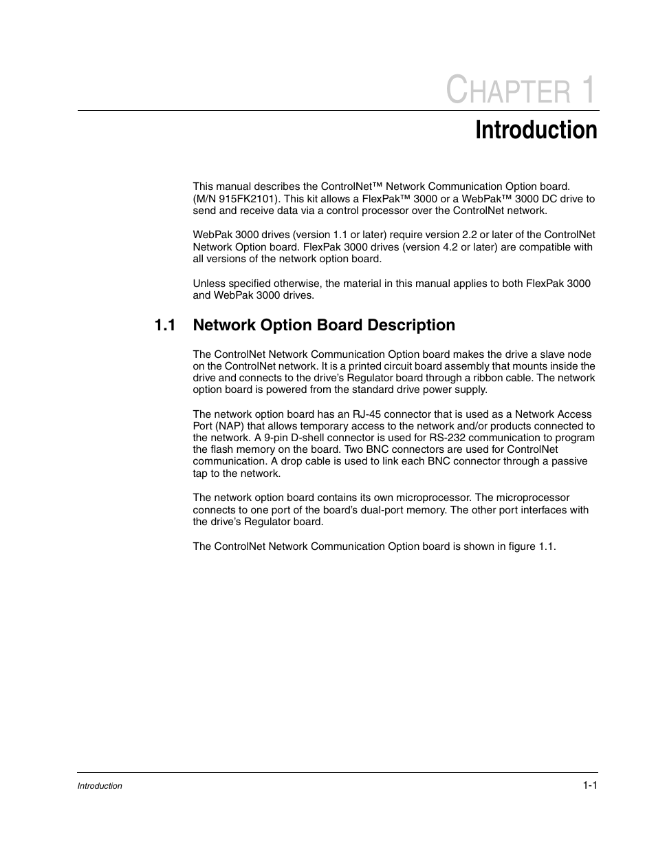 Hapter, Introduction | Rockwell Automation Flex/WebPak 3000 DC Drive ControlNet, Network Communication Board, 915FK2101 User Manual | Page 9 / 100