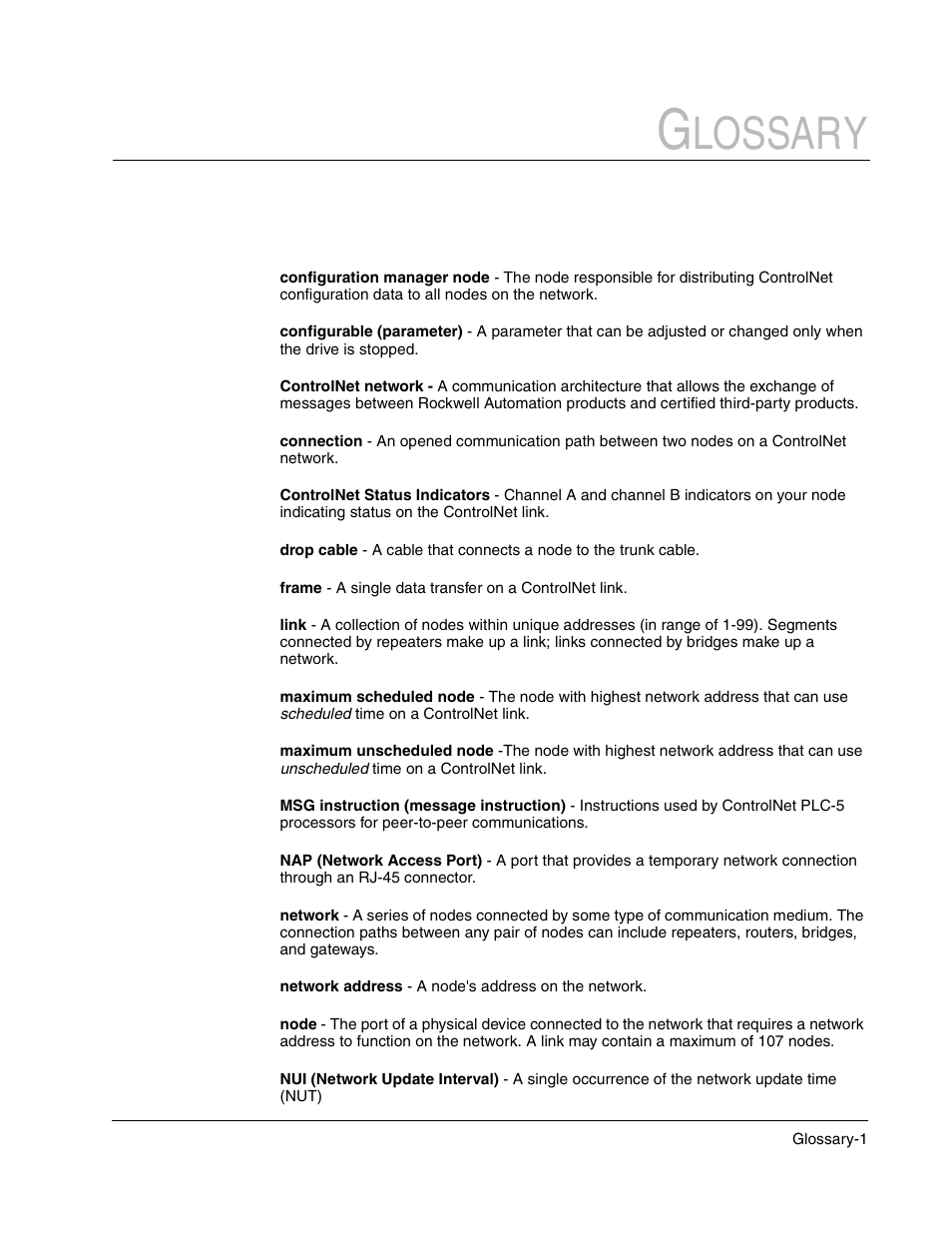 Lossary | Rockwell Automation Flex/WebPak 3000 DC Drive ControlNet, Network Communication Board, 915FK2101 User Manual | Page 95 / 100