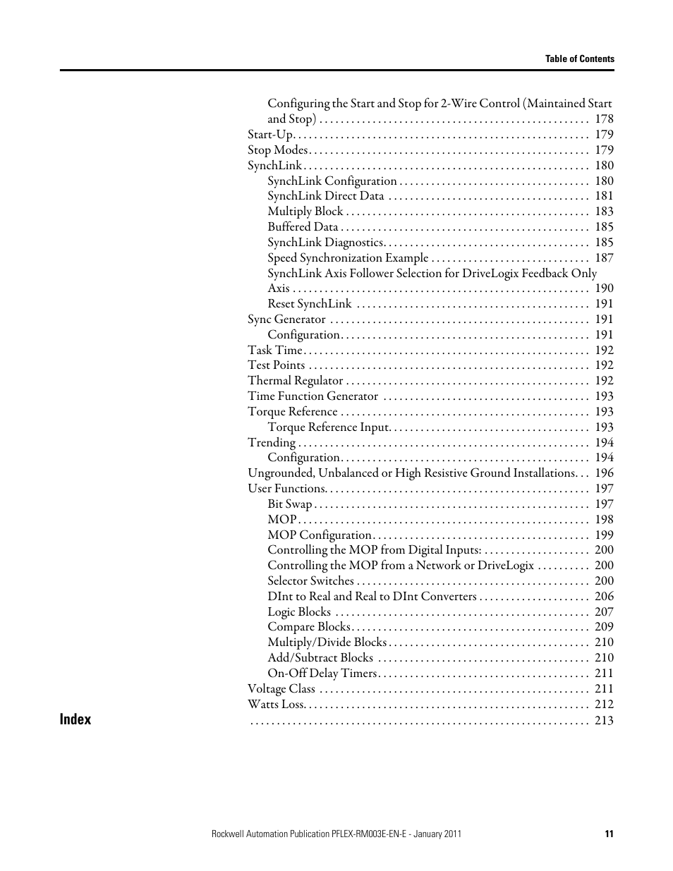 Index | Rockwell Automation 20D PowerFlex 700S AC Drives with Phase II Control Reference Manual User Manual | Page 11 / 218