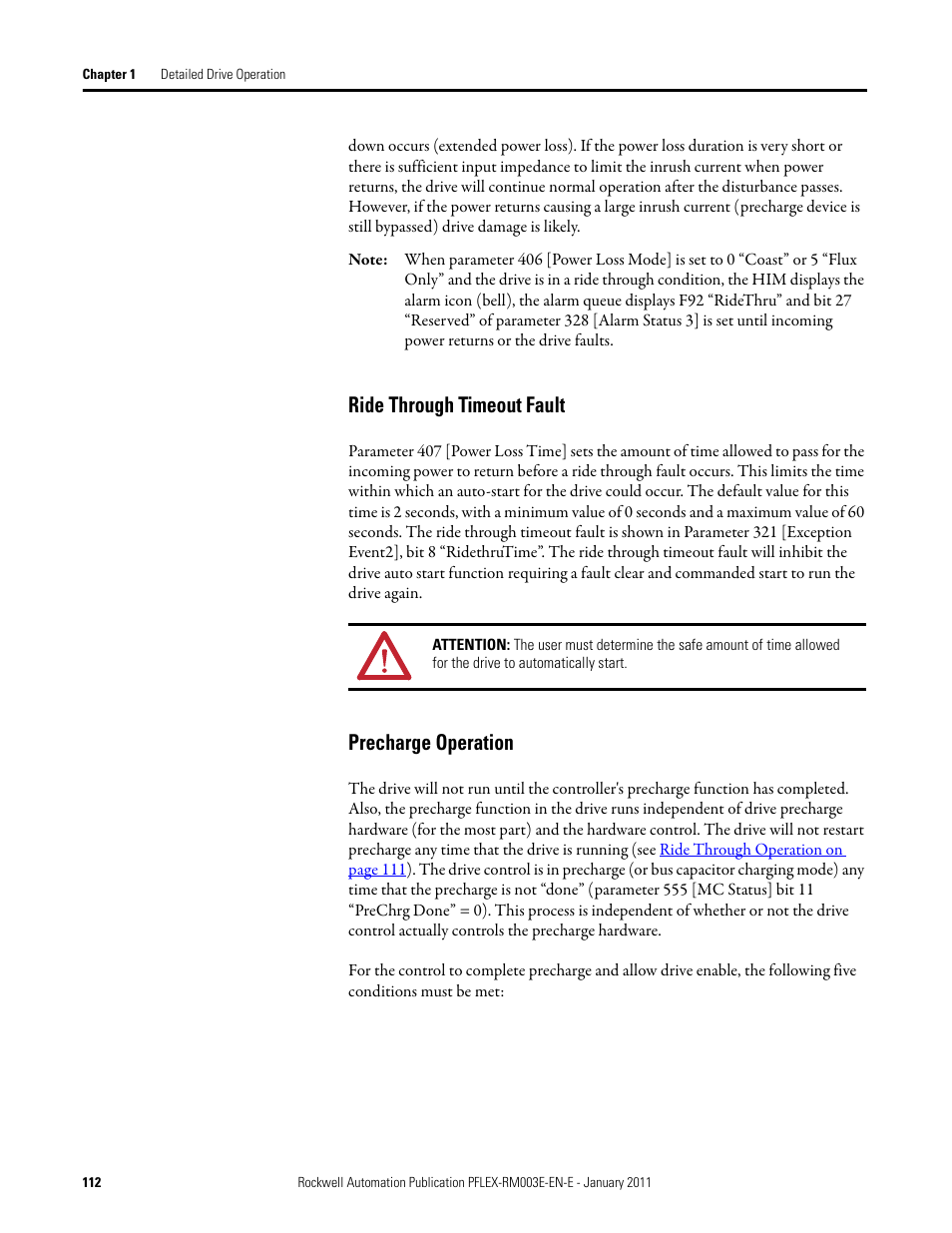 Ride through timeout fault precharge operation, Ride through timeout fault, Precharge operation | Rockwell Automation 20D PowerFlex 700S AC Drives with Phase II Control Reference Manual User Manual | Page 112 / 218