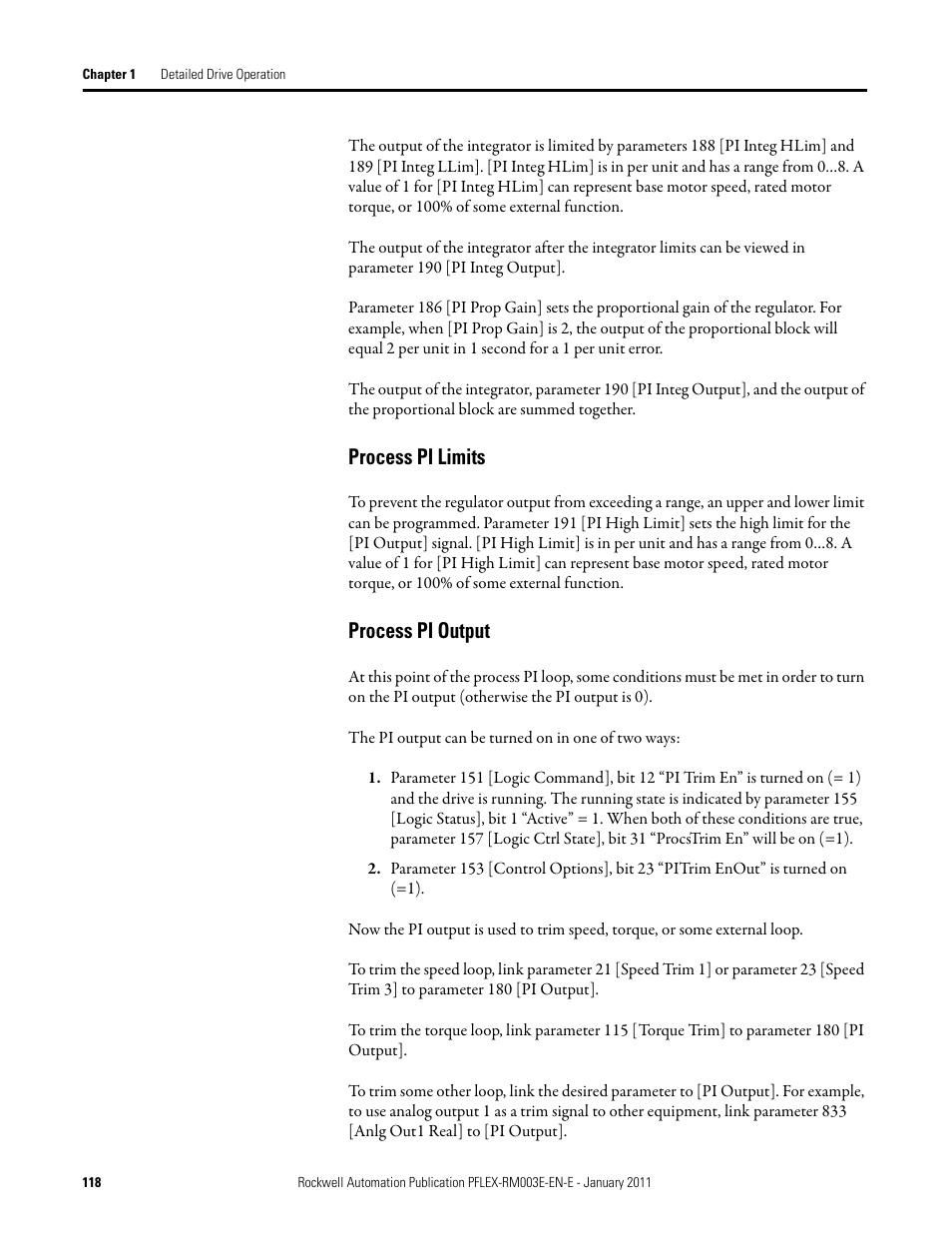 Process pi limits process pi output, Process pi limits, Process pi output | Rockwell Automation 20D PowerFlex 700S AC Drives with Phase II Control Reference Manual User Manual | Page 118 / 218