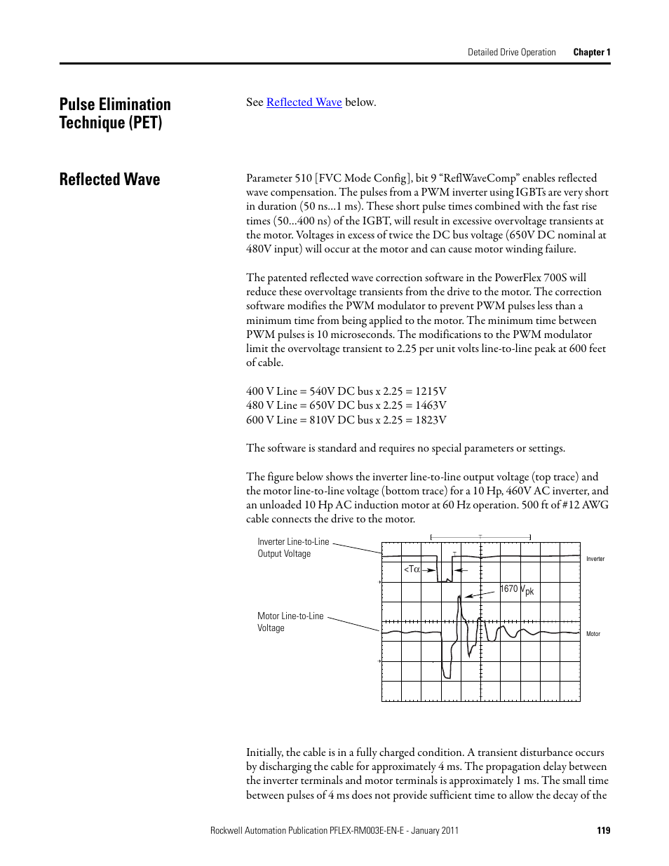 Pulse elimination technique (pet), Reflected wave, Pulse elimination technique (pet) reflected wave | See reflected wave below | Rockwell Automation 20D PowerFlex 700S AC Drives with Phase II Control Reference Manual User Manual | Page 119 / 218