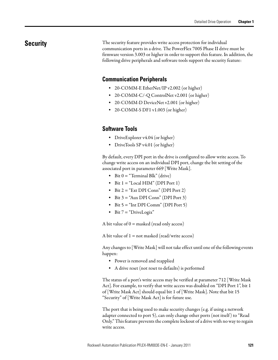 Security, Communication peripherals software tools, Communication peripherals | Software tools | Rockwell Automation 20D PowerFlex 700S AC Drives with Phase II Control Reference Manual User Manual | Page 121 / 218