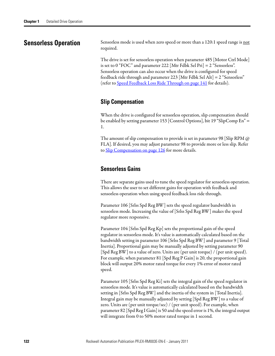 Sensorless operation, Slip compensation sensorless gains, Slip compensation | Sensorless gains | Rockwell Automation 20D PowerFlex 700S AC Drives with Phase II Control Reference Manual User Manual | Page 122 / 218