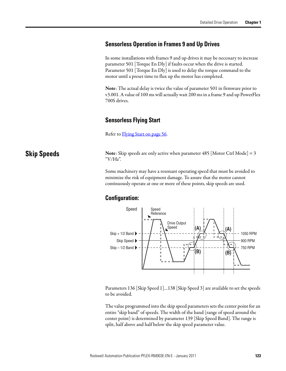 Skip speeds, Configuration, Sensorless operation in frames 9 and up drives | Sensorless flying start | Rockwell Automation 20D PowerFlex 700S AC Drives with Phase II Control Reference Manual User Manual | Page 123 / 218