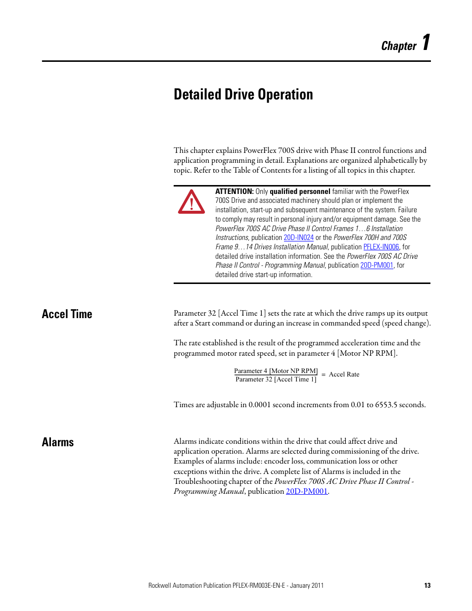 Chapter 1, Detailed drive operation, Accel time | Alarms, Accel time alarms, Chapter | Rockwell Automation 20D PowerFlex 700S AC Drives with Phase II Control Reference Manual User Manual | Page 13 / 218