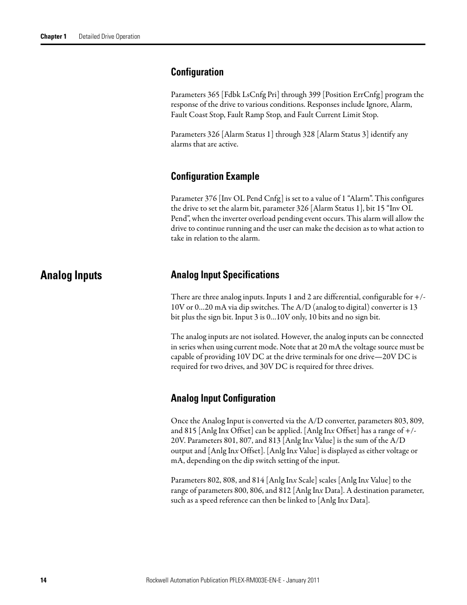 Analog inputs, Configuration configuration example, Configuration | Configuration example, Analog input specifications, Analog input configuration | Rockwell Automation 20D PowerFlex 700S AC Drives with Phase II Control Reference Manual User Manual | Page 14 / 218