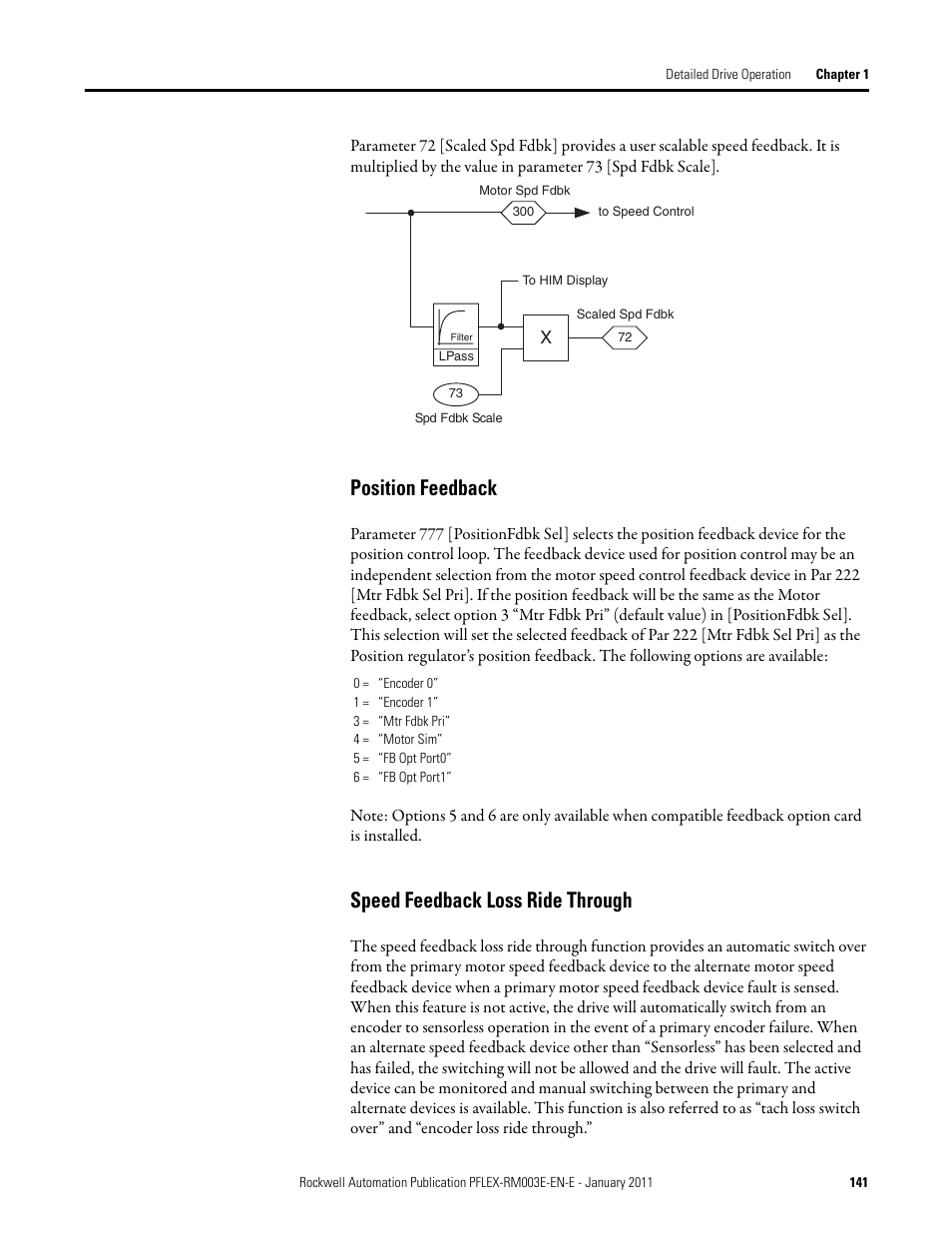 Position feedback speed feedback loss ride through, For de, Position feedback | Speed feedback loss ride through | Rockwell Automation 20D PowerFlex 700S AC Drives with Phase II Control Reference Manual User Manual | Page 141 / 218