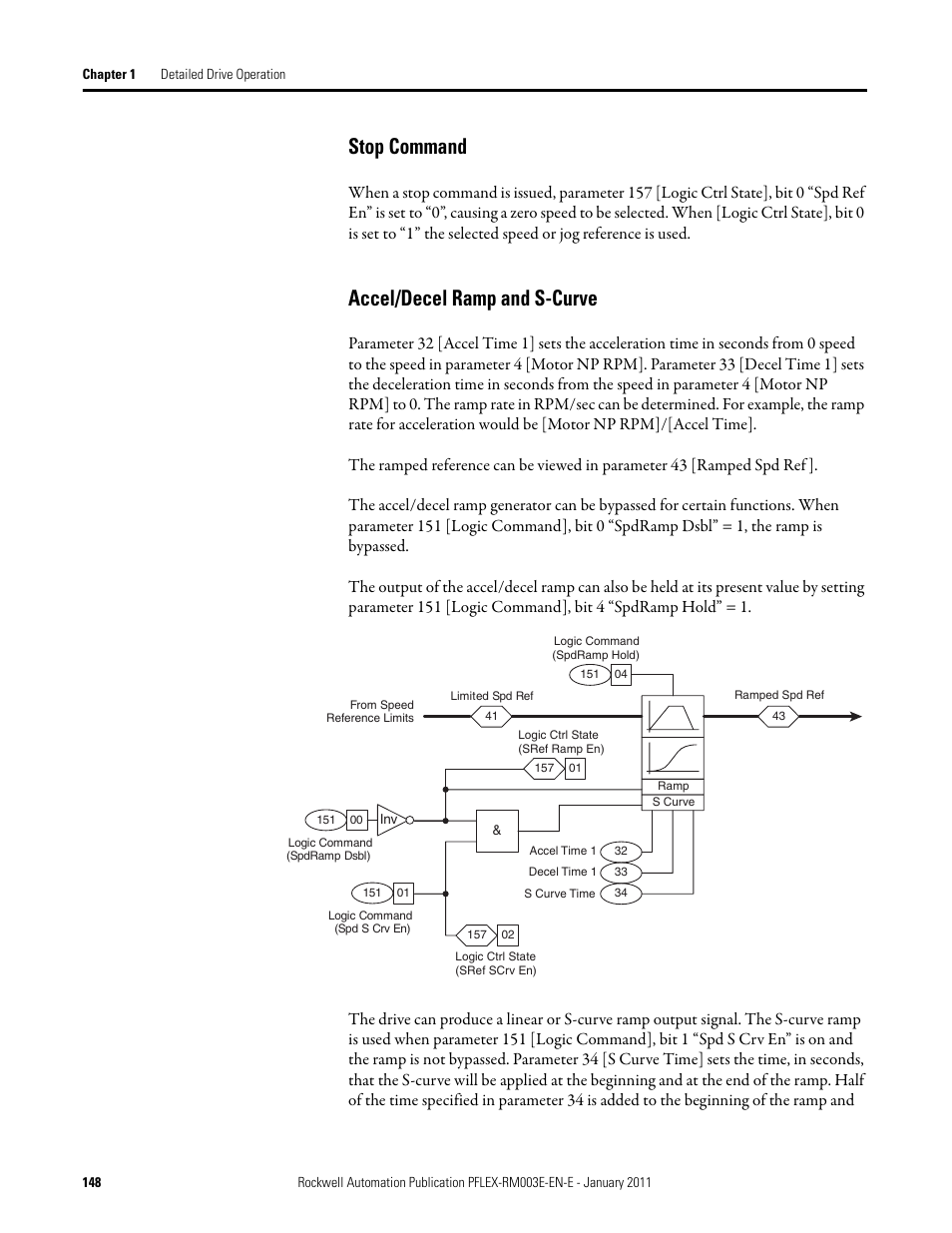 Stop command accel/decel ramp and s-curve, Stop command, Accel/decel ramp and s-curve | Rockwell Automation 20D PowerFlex 700S AC Drives with Phase II Control Reference Manual User Manual | Page 148 / 218