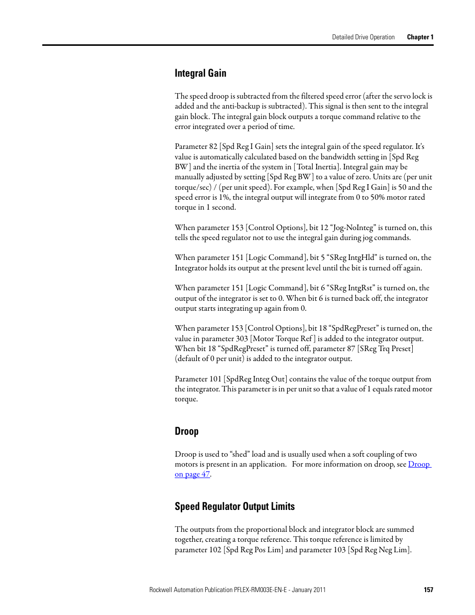 Integral gain droop speed regulator output limits, Integral gain, Droop | Speed regulator output limits | Rockwell Automation 20D PowerFlex 700S AC Drives with Phase II Control Reference Manual User Manual | Page 157 / 218