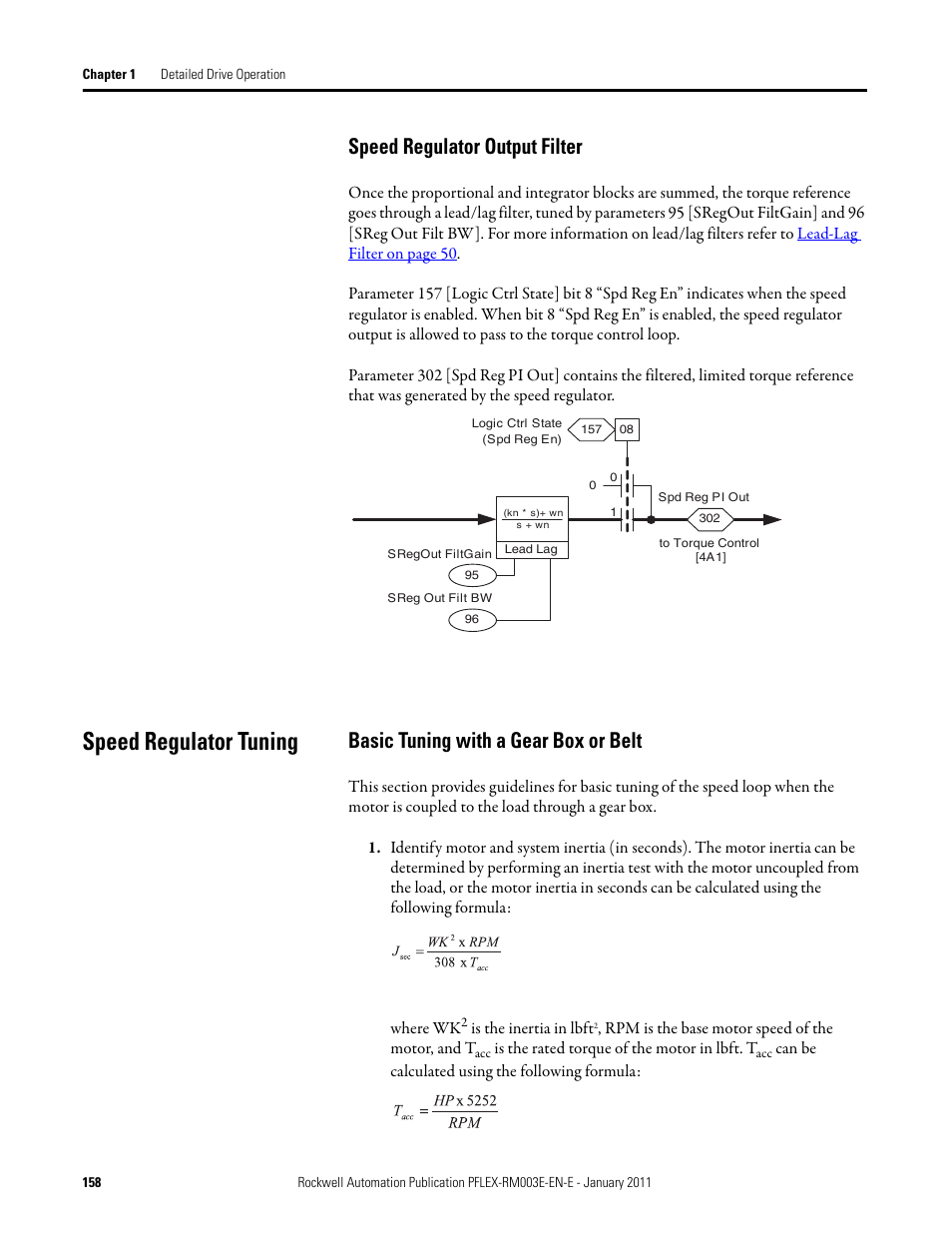 Speed regulator tuning, Speed regulator output filter, Basic tuning with a gear box or belt | Rockwell Automation 20D PowerFlex 700S AC Drives with Phase II Control Reference Manual User Manual | Page 158 / 218