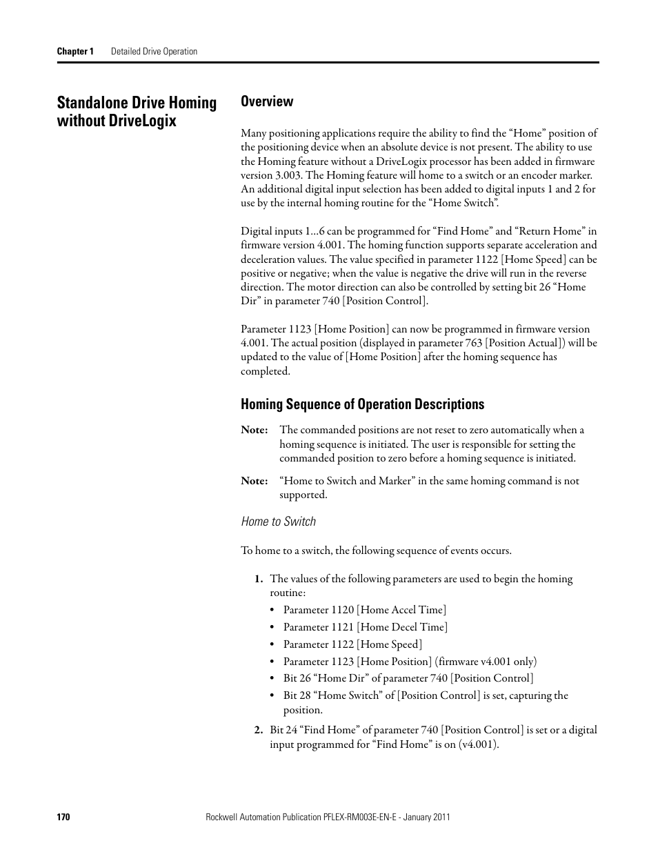 Standalone drive homing without drivelogix, Overview homing sequence of operation descriptions, Overview | Homing sequence of operation descriptions | Rockwell Automation 20D PowerFlex 700S AC Drives with Phase II Control Reference Manual User Manual | Page 170 / 218